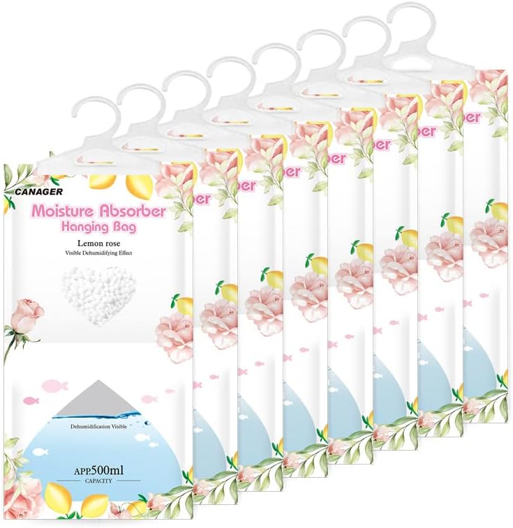 CANAGER Hanging Moisture Absorber, Lemon Rose Moistureproof Hanging Bag，Dehumidifier Bag (8 packs) Hanging Closet Dehumidifier Bags, Moisture Absorb 12.5 oz - Image 1